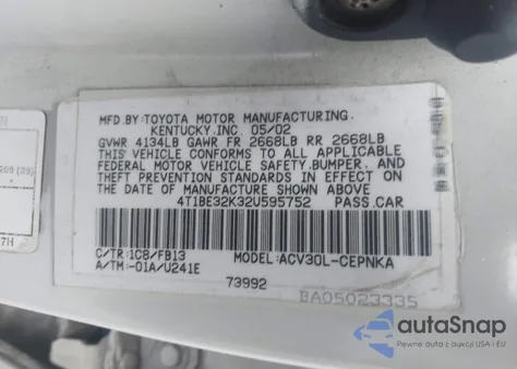 2002 Toyota Camry Le from USA, damaged, VIN 4T1BE32K32U595752